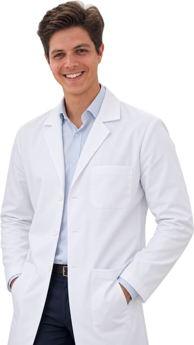 Dr. Bernardo Caldas, oftalmologista, sorrindo, de jaleco